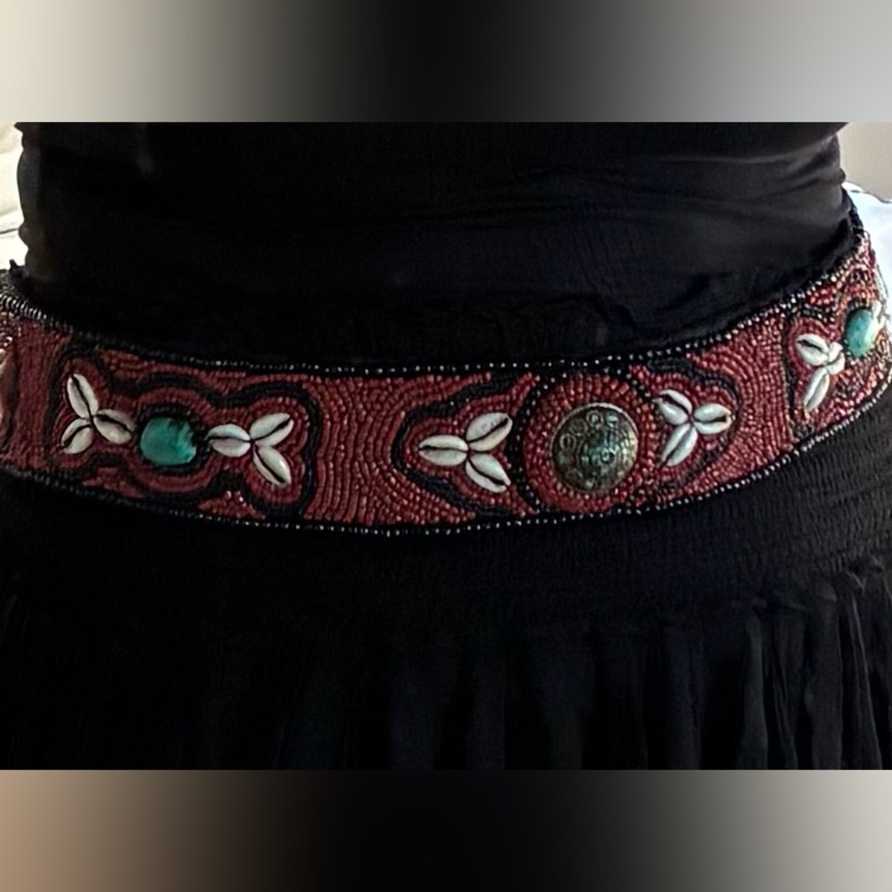 Vintage 1970’s Embellished Ladakh Turquoise Cowry Shell Coral Beaded Boho Belt